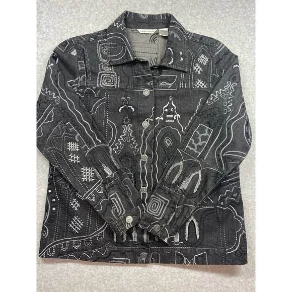 Laura Ashley Button Front Shirt Womens Medium Black Gray Abstract Embroidered Lo - Picture 1 of 8